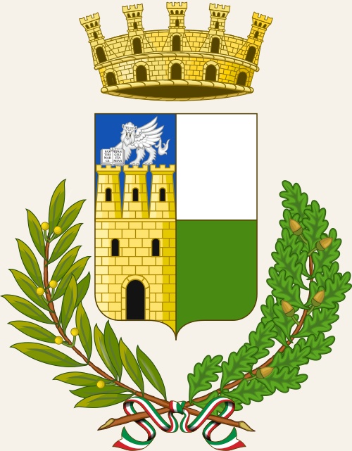 Rovigo civic coat of arms with three towers, the lion of Saint Mark and a white-and-green field